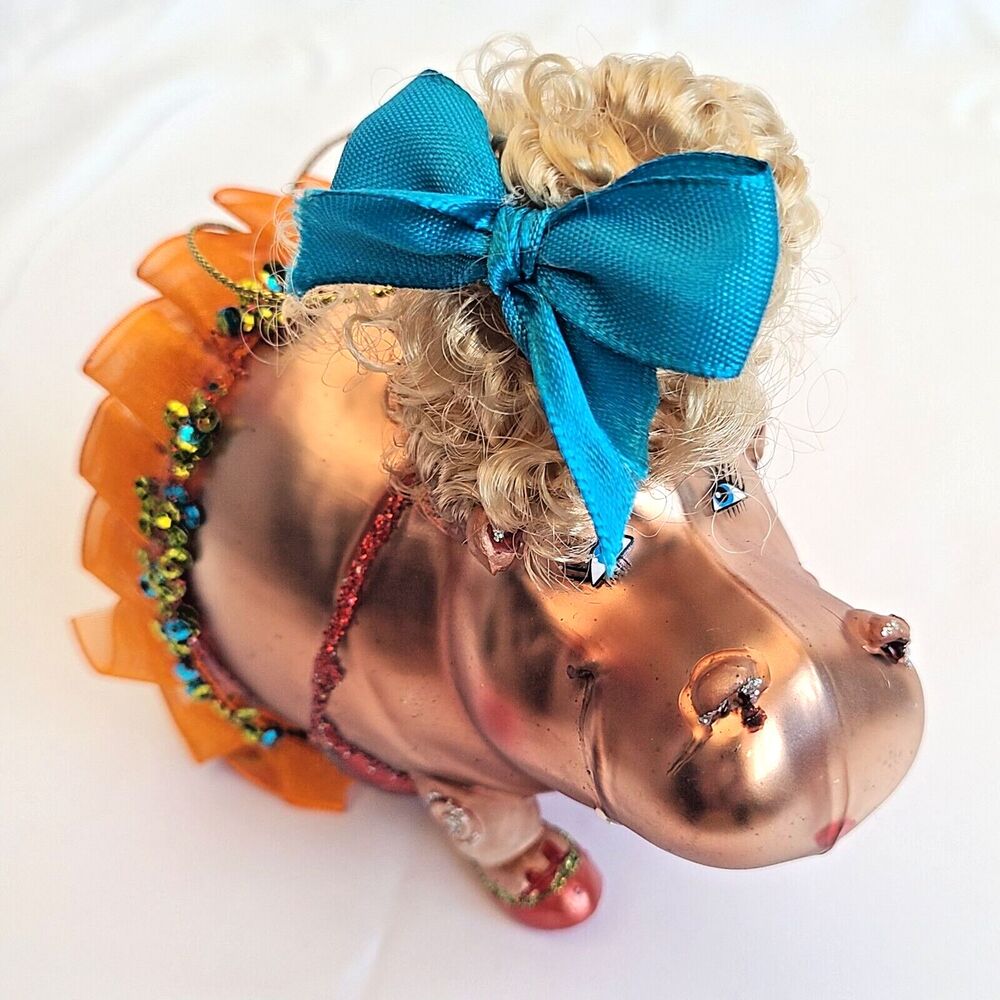 Hippo Ballerina Mercury Glass Christmas Ornament Hand Blown Sequin Glitter Tutu - Picture 3 of 13